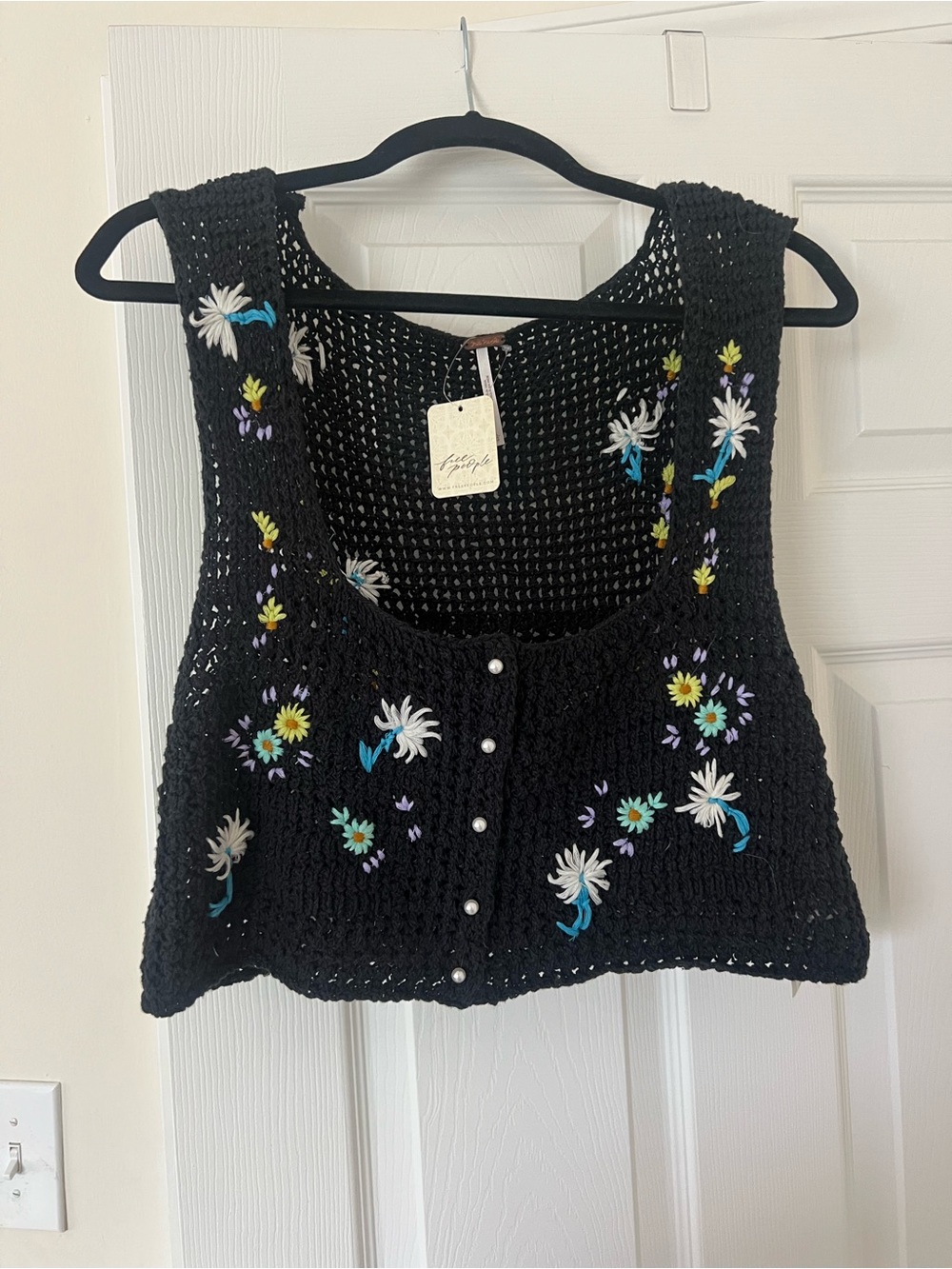 Free People Wild Flowers Crocheted Floral Button-Front Crop Top